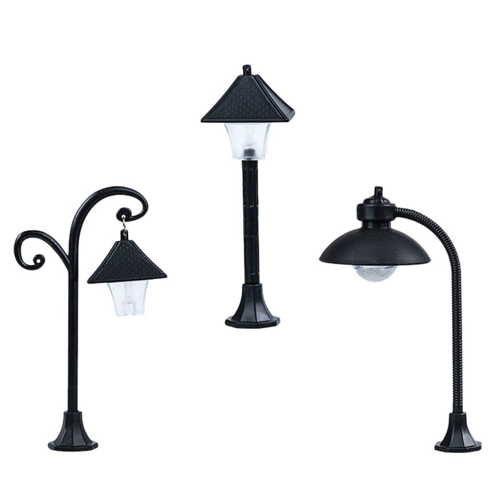 GANAZONO 3-Piece Mini Solar Street Lights for Model Railways & Miniature Landscapes - Realistic Train Layout Accessories, Tiny Pathway Lighting for Dioramas, Fairy Gardens & DIY Scenes