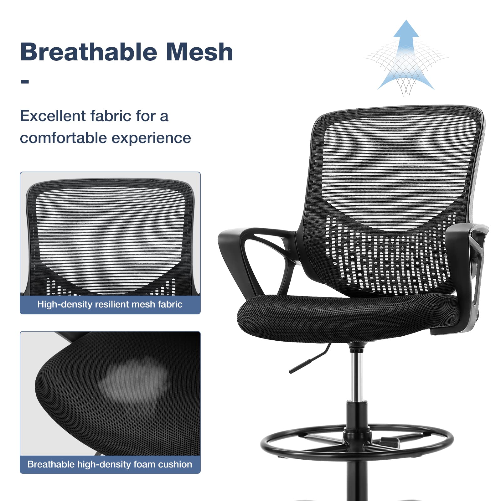 Ergonomic Adjustable Height Mesh Office Chair with Armrests & Foot Ring - Tall Standing Drafting Chair for Computer Work, Home Office & Studio - Black