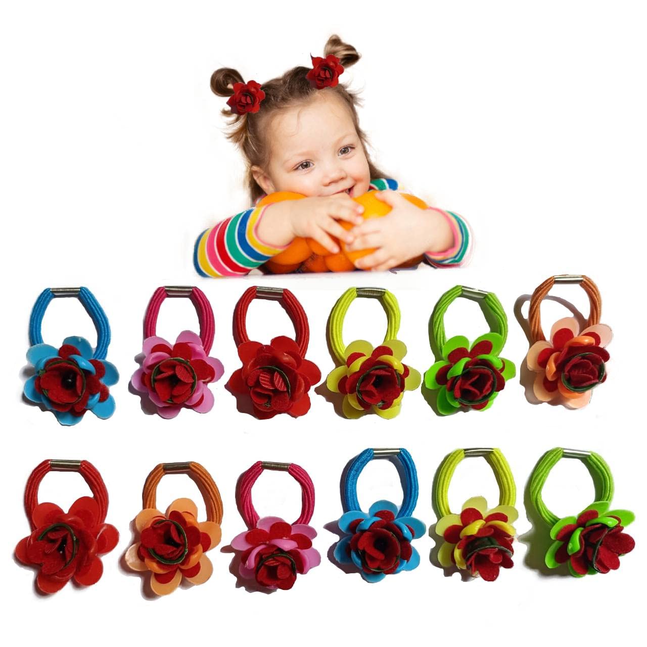 Vastra Studio 12-Pack Floral Hair Bands for Women & Girls - Soft Elastic Ponytail Holders for Kids, Baby Hair Accessories in Assorted Colors - Perfect for School, Sports, and Everyday Styling