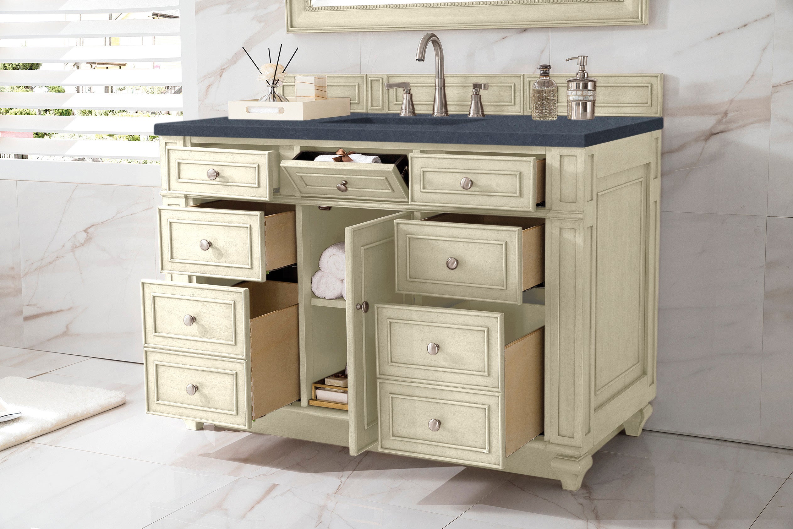 Bristol 48-Inch Single Bathroom Vanity in Vintage Vanilla with 3CM Charcoal Soapstone Quartz Top - Perfect for Modern Farmhouse & Traditional Bathroom Remodels