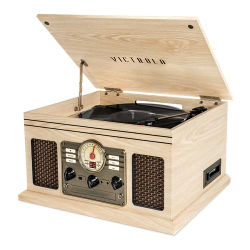 Victrola Nostalgic 6-in-1 Bluetooth Record Player & Multimedia Center with Built-in Speakers - 3-Speed Turntable, CD Player, Cassette Deck, FM Radio | Wireless Music Streaming | Vintage Home Decor for Living Room, Bedroom & Office