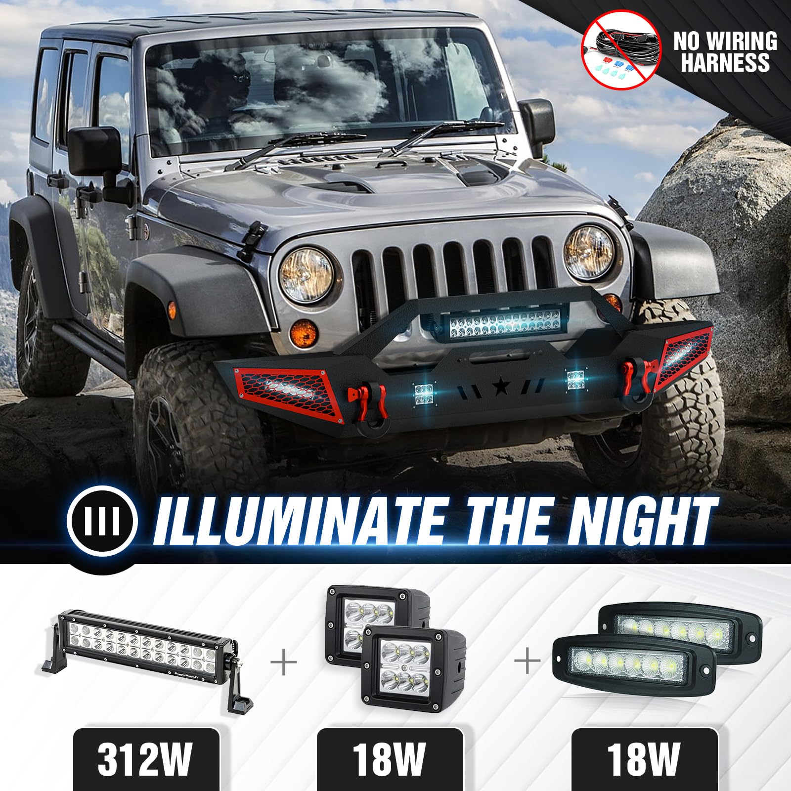 Heavy Duty Front Bumper for 2007-2025 Jeep Wrangler JK JL JKU JLU & Gladiator JT - Winch Ready with 5 LED Lights, Paintable Armor & D-Rings | Off-Road Adventure & Trail Protection