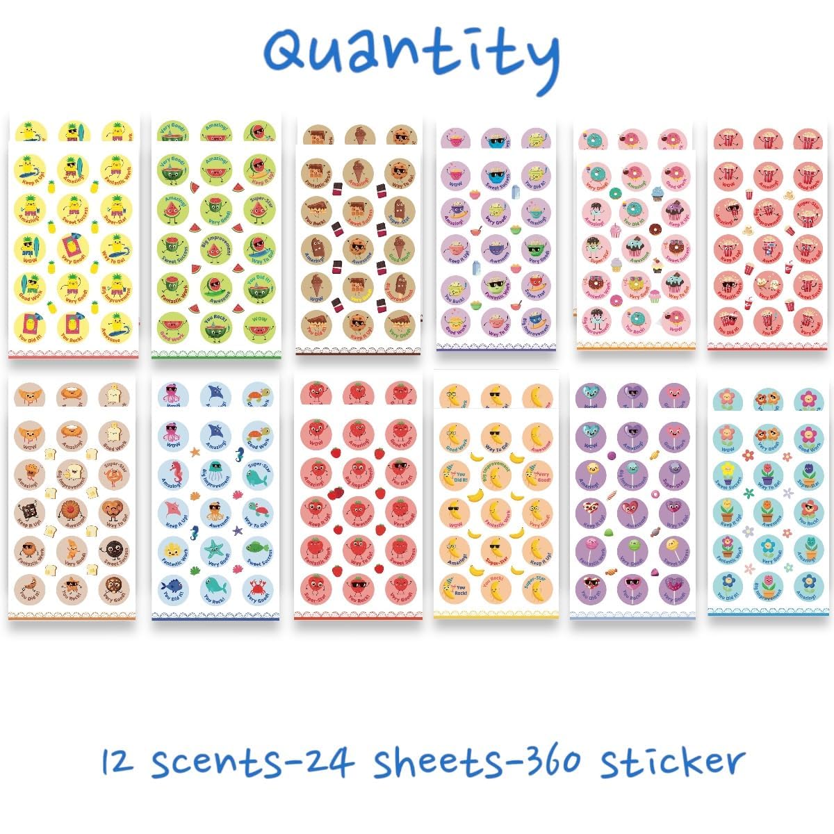 Scratch and Sniff Stickers for Kids - 24 Sheets with 12 Different Scents - Fun Reward & Motivational Stickers for Classroom, Teachers & Students - Perfect for Behavior Charts, Homework Incentives & Party Favors (360 Stickers)