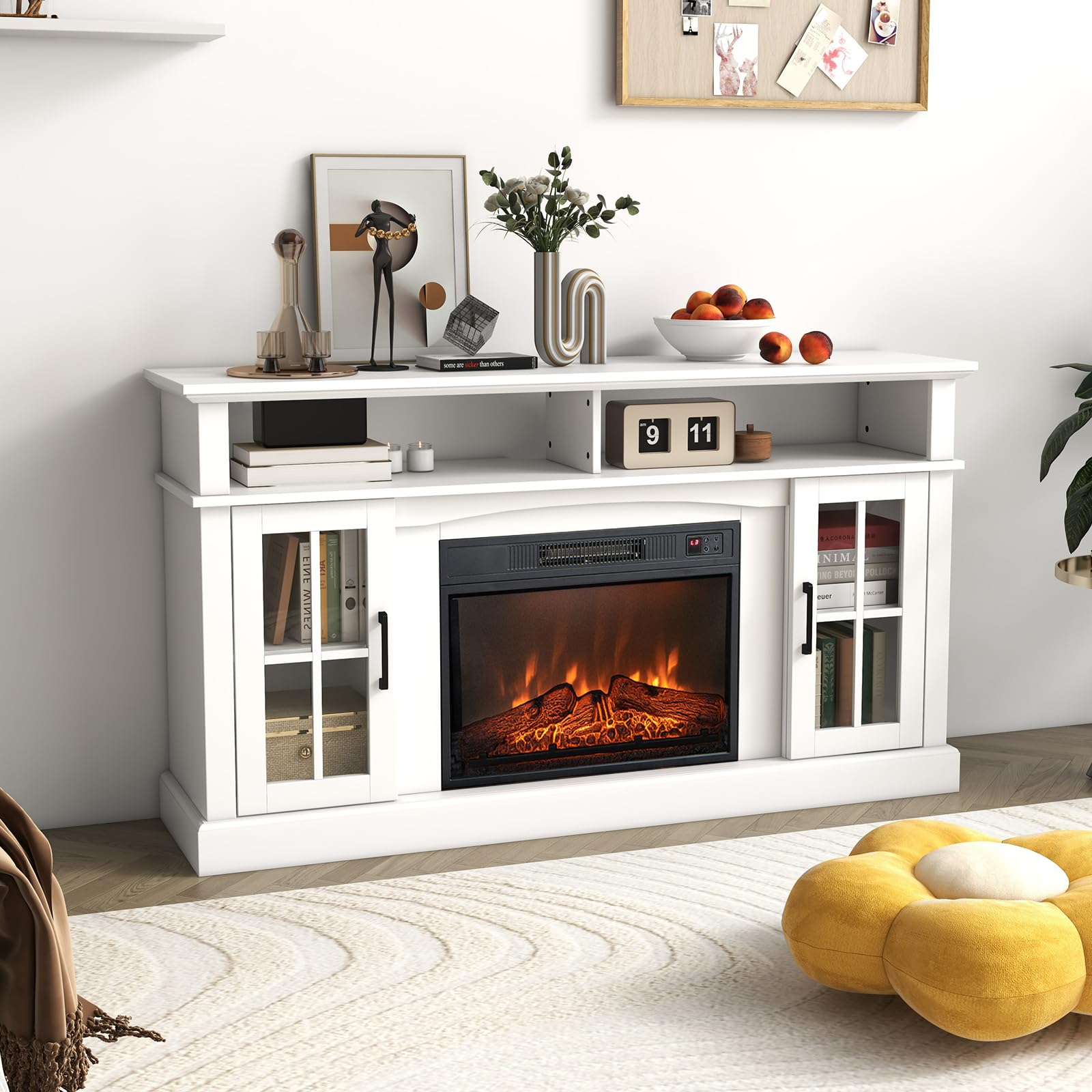 Tangkula 65 Inch Electric Fireplace TV Stand with Remote Control - Overheat Protection, 3-Level Adjustable Brightness, 23