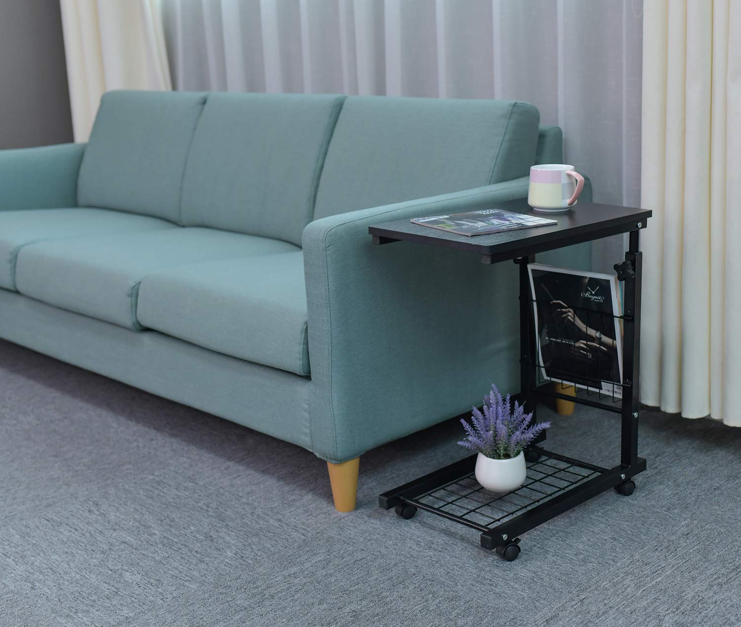 Adjustable Overbed Table with Wheels - Slide Under Sofa Side Table, Rolling Laptop Desk for Bed, Couch & Office Use - Black Willow Finish (Perfect for Eating, Working, or Reading in Bed)