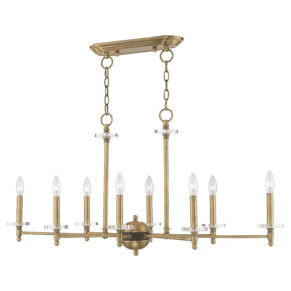 Livex Lighting 42708-01 Bancroft 8-Light Linear Chandelier with Clear Bobeche Crystals in Antique Brass Finish - Perfect for Dining Room, Foyer, or Luxury Home Decor