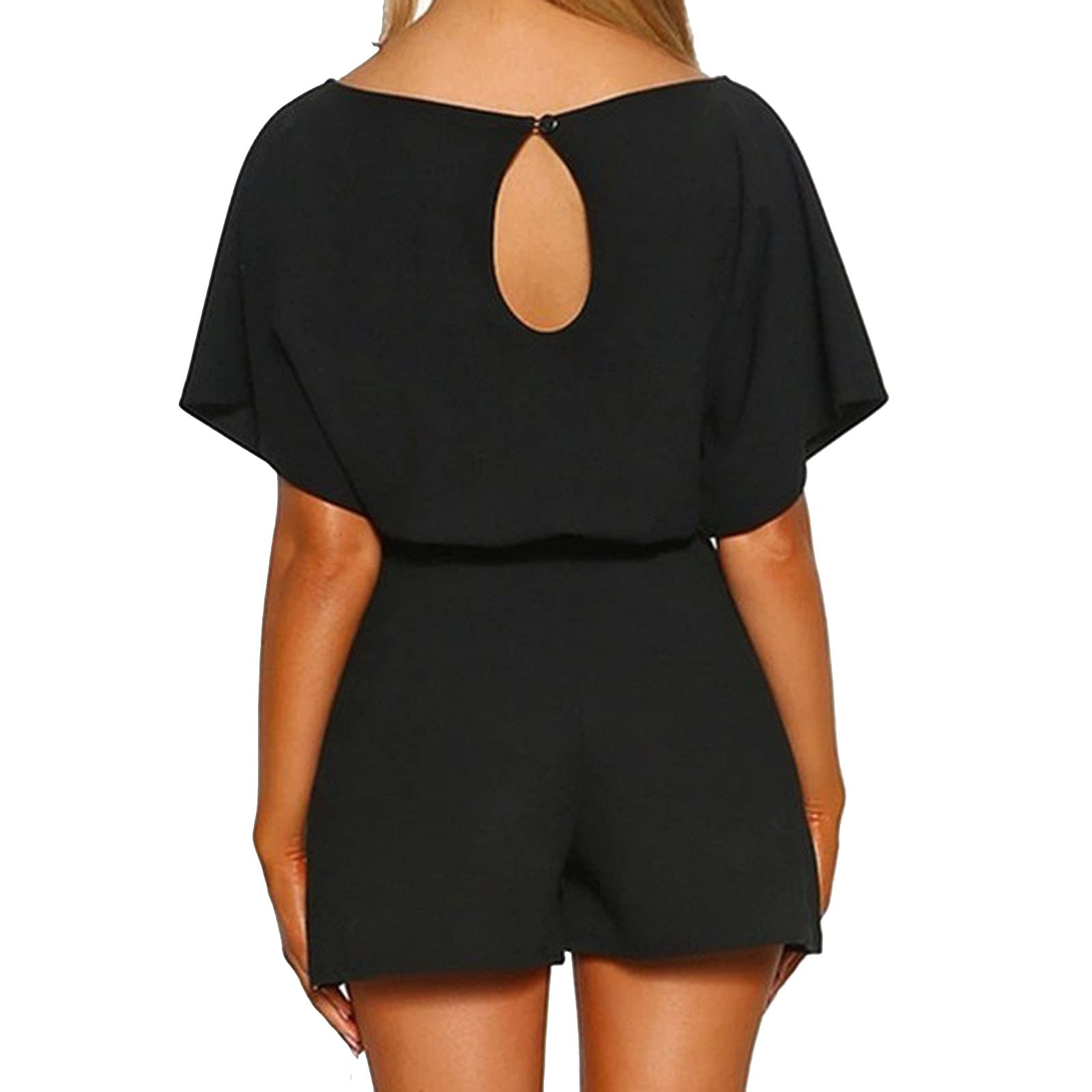 Women's Summer Belted Romper - Solid Color Short Sleeve Jumpsuit with Back Short Sleeves | Casual Outfit for Beach, Vacation & Everyday Wear