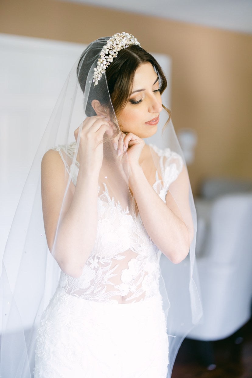 Elegant Moi et Toi RANIER Crystal & Freshwater Pearl Tiara Headpiece with Genuine Blue Topaz Briolette Accent - Perfect for Weddings, Prom & Special Occasions
