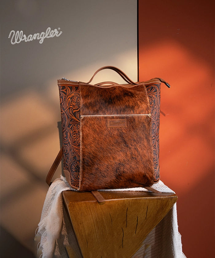 Wrangler Genuine Hair-On Cowhide Convertible Backpack for Men & Women - Durable Leather Travel Bag for Work, Hiking & Outdoor Adventures