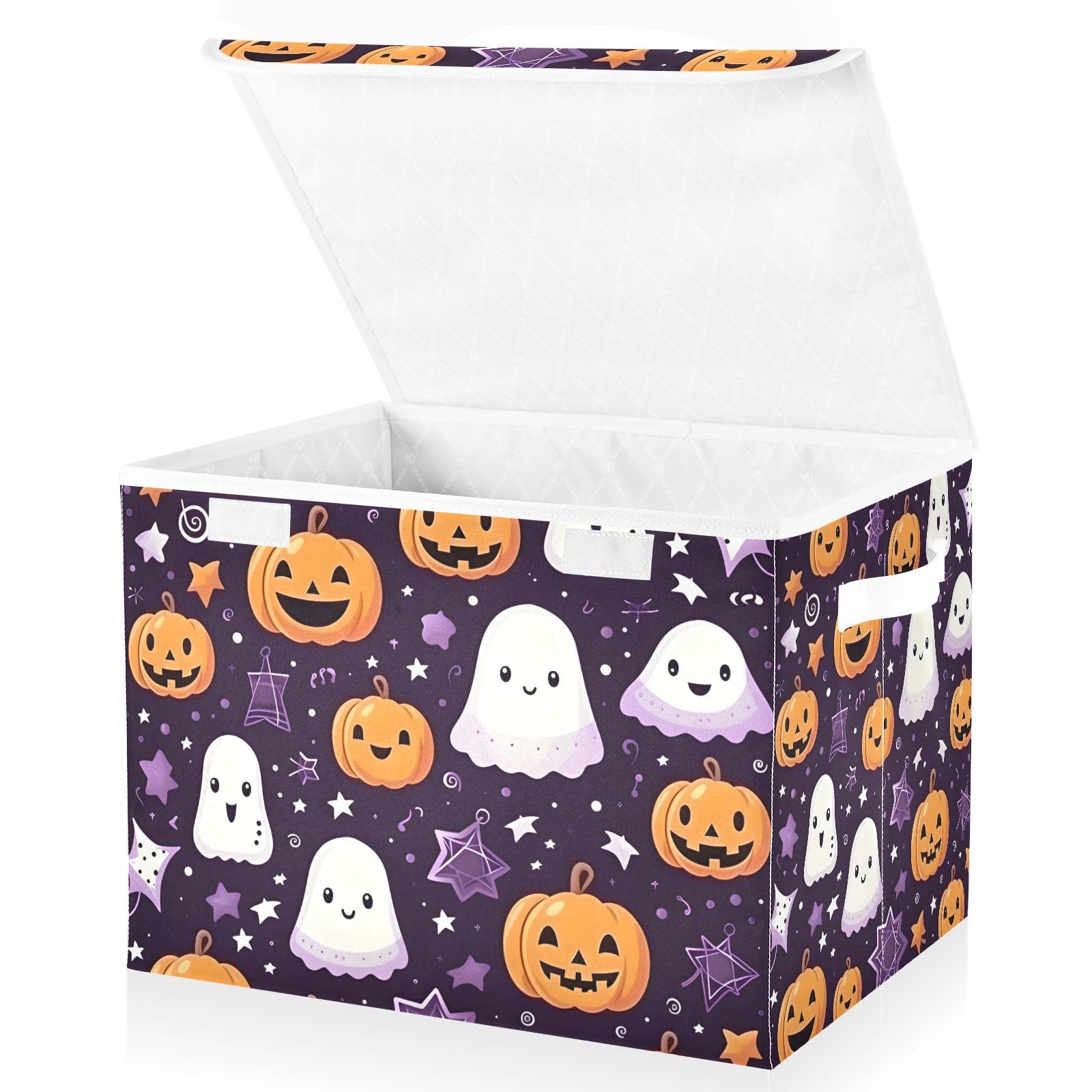 Senya Collapsible Halloween Storage Baskets with Lids - Ghost Pumpkin Purple Stars Design for Organizing Clothes, Toys & Home Decor | Perfect for Halloween Decor, Kids Room Organization & Seasonal Storage