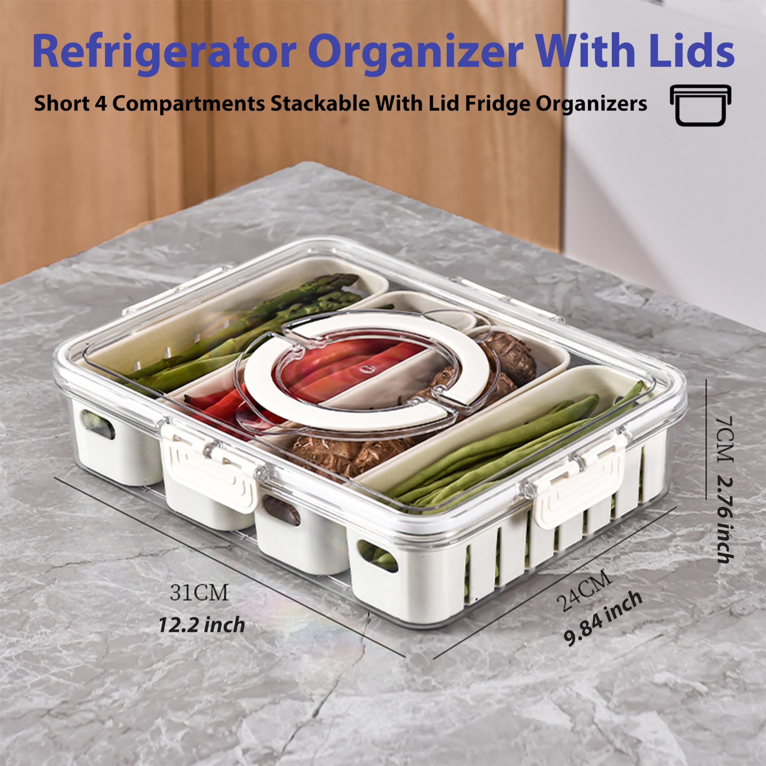 Clear Stackable Refrigerator Organizer with Lids - 4 Compartment Fridge Storage Containers for Fresh Food Organization | Perfect for Meal Prep, Leftovers & Snack Storage in Kitchen, Office or Dorm