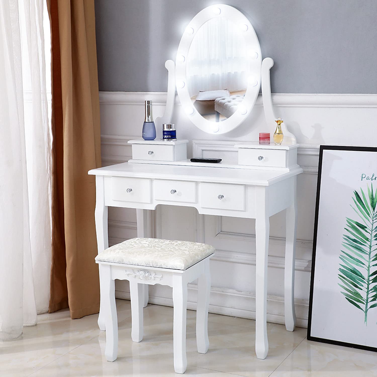 Makeup Vanity Desk with Stool & LED Mirror Set - White Small Dressing Table for Bedroom | Perfect for Beauty Routine, Makeup Application & Home Decor