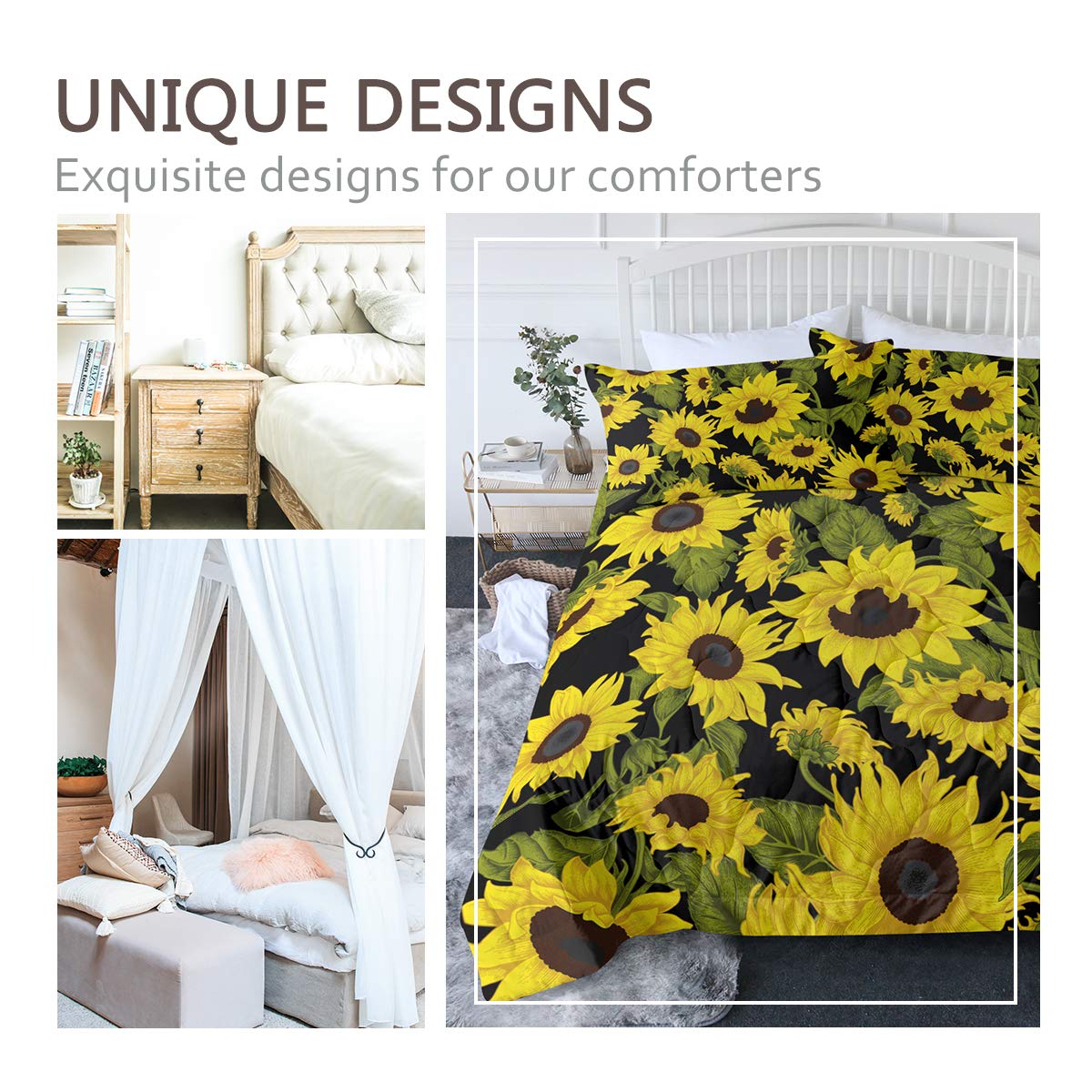 BlessLiving King Size Yellow Sunflower Reversible Comforter Set - 3 Piece Ultra Soft Lightweight Bedding with Pillow Shams | Perfect for Master Bedroom, Guest Room & Dorm Decor
