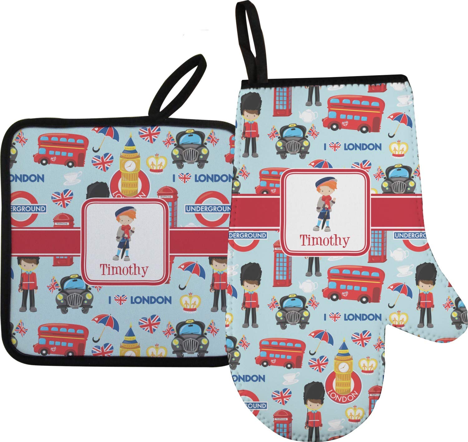 Personalized London Right Oven Mitt and Pot Holder Set with Custom Name or Text - Perfect for Baking, Cooking, and Kitchen Decor