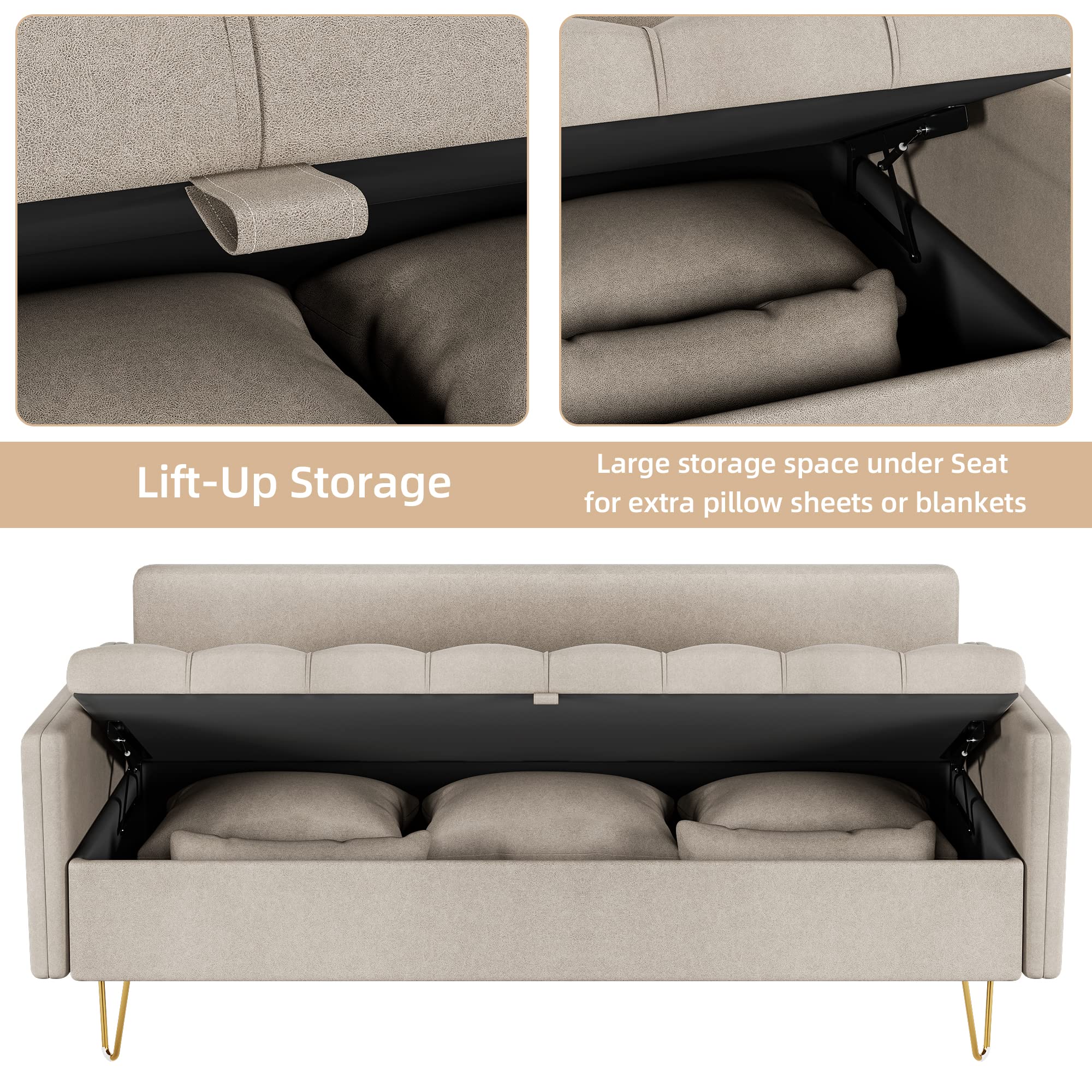 63.8 Inch Modern 3-Seat Sofa with Storage & 5 Pillows - Memory Foam Cushion, Comfy Leather Fabric Couch for Living Room, Bedroom, Apartment - Perfect for Small Spaces & Movie Nights (Beige)