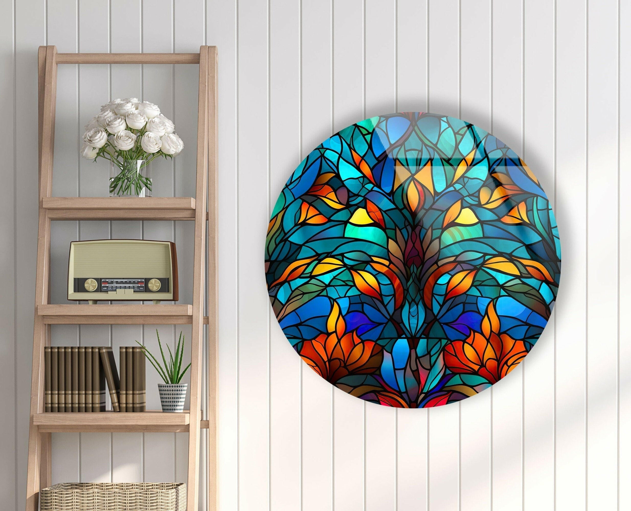 Blue Stained Glass Round Tree Wall Art - Handmade Home Decor for Living Room, Bedroom & Office