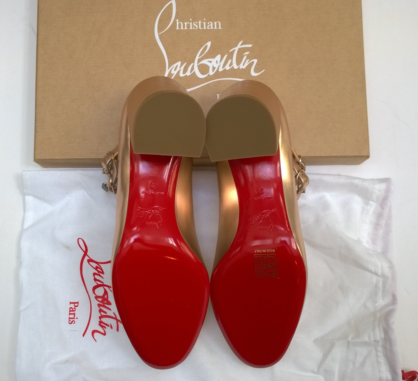 Christian Louboutin Miss Jane 55 Rose Gold Metallic Leather Mary Jane Pumps with Ankle Strap - Elegant High Heels for Women, Perfect for Weddings, Parties & Special Occasions