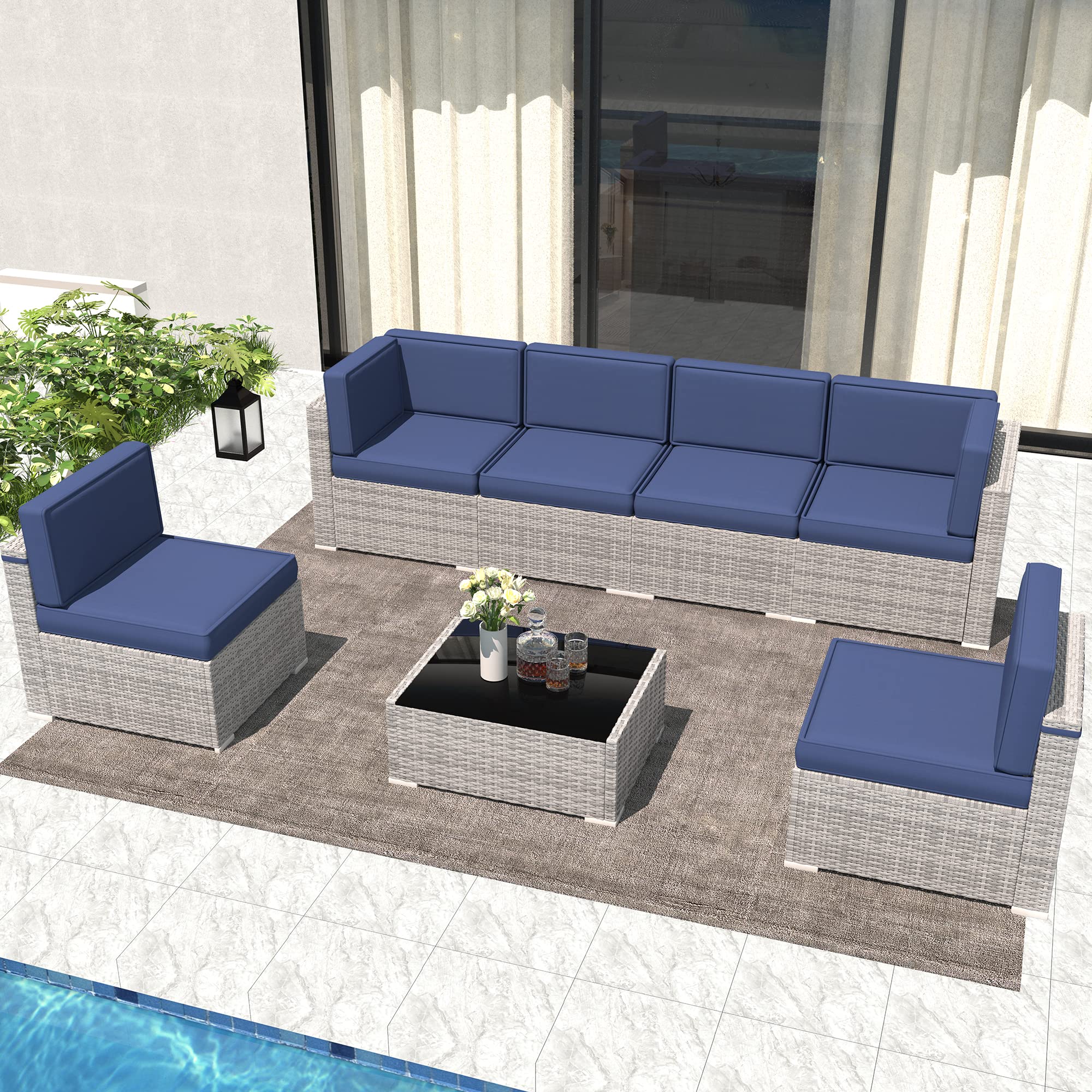 LayinSun 7-Piece Patio Furniture Set - Outdoor Wicker Sectional Sofa with Coffee Table for Backyard, Poolside & Garden Relaxation