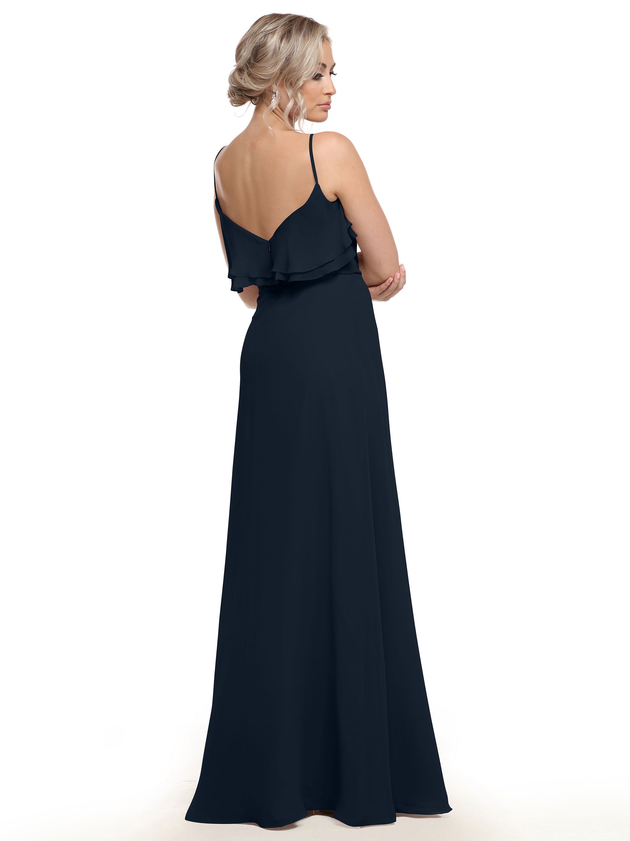 Elegant 80146 Sheath Chiffon Bridesmaid Dress with Ruffled Neckline - Perfect for Weddings, Formal Events & Special Occasions