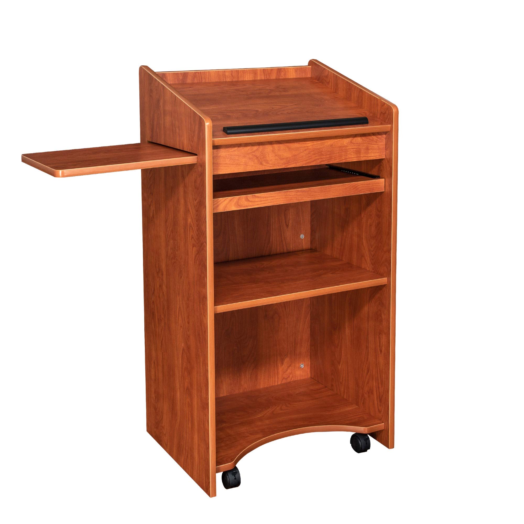 OEF Furnishings Mobile Floor Lectern with Side Shelf & Keyboard Tray - Cherry Wood Adjustable Standing Podium for Church, Classroom, or Office Presentations