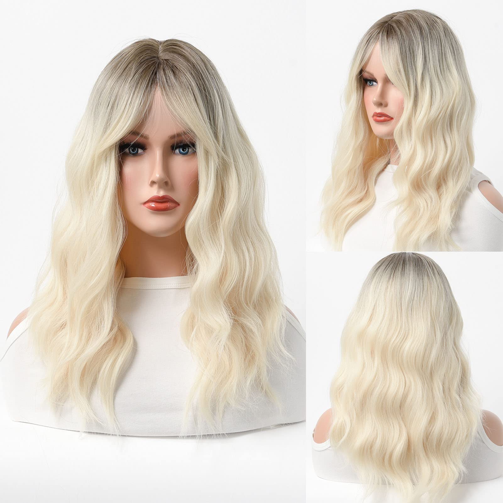 Heat Resistant Synthetic Wavy Hair with Flat Straight Bangs - Perfect for Cosplay, Costumes & Everyday Styling