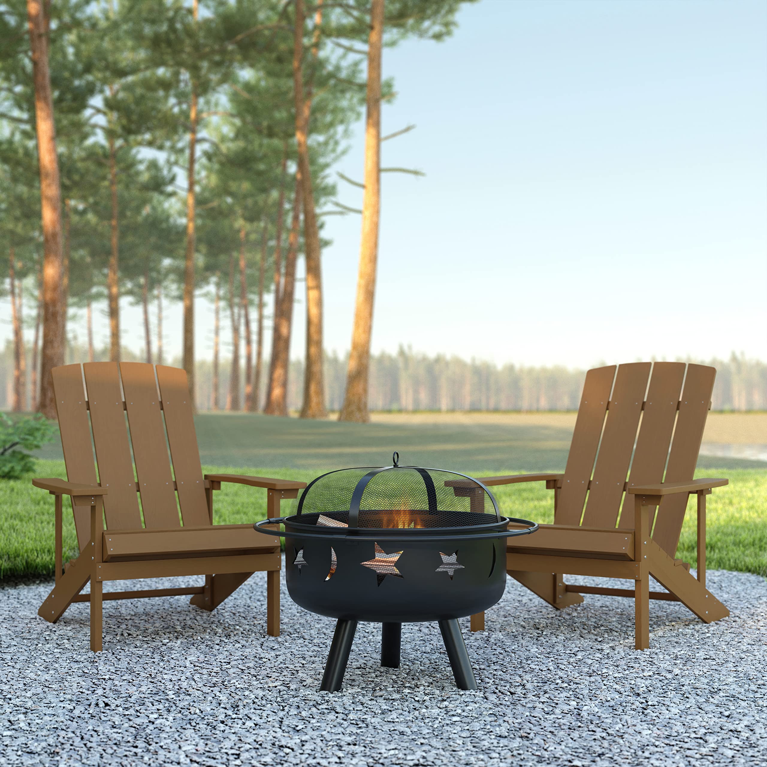 EMMA + OLIVER Campfire Set - 2 Teak Poly Resin Adirondack Chairs with 29