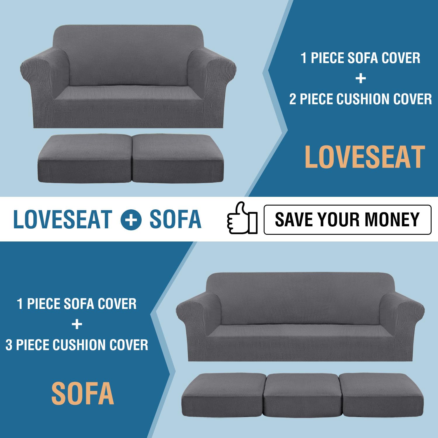 H.VERSAILTEX 4-Piece Stretch Sofa Cover Set - Jacquard Fabric Couch Covers for 3-Cushion Sofa & 2-Cushion Loveseat, Thick Grey Furniture Protector - Perfect for Living Room, Family Room & Pet-Friendly Homes