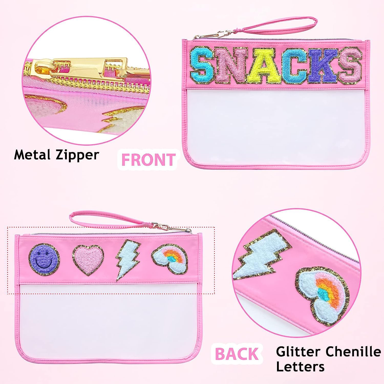 1PCS Chenille Patch Nylon Pouch - Clear Waterproof Snacks Bag with Preppy Letter Patches - Multi-purpose Travel Makeup Bag for Women & Girls - Perfect for School, Gym, Beach and Daily Essentials Storage