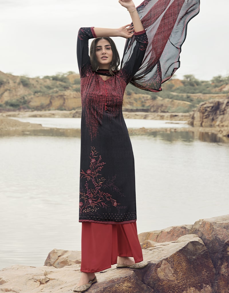 Black Saree Crepe Digital Print Suit Palazzo - Elegant Indian Ethnic Wear for Weddings, Parties & Festive Occasions