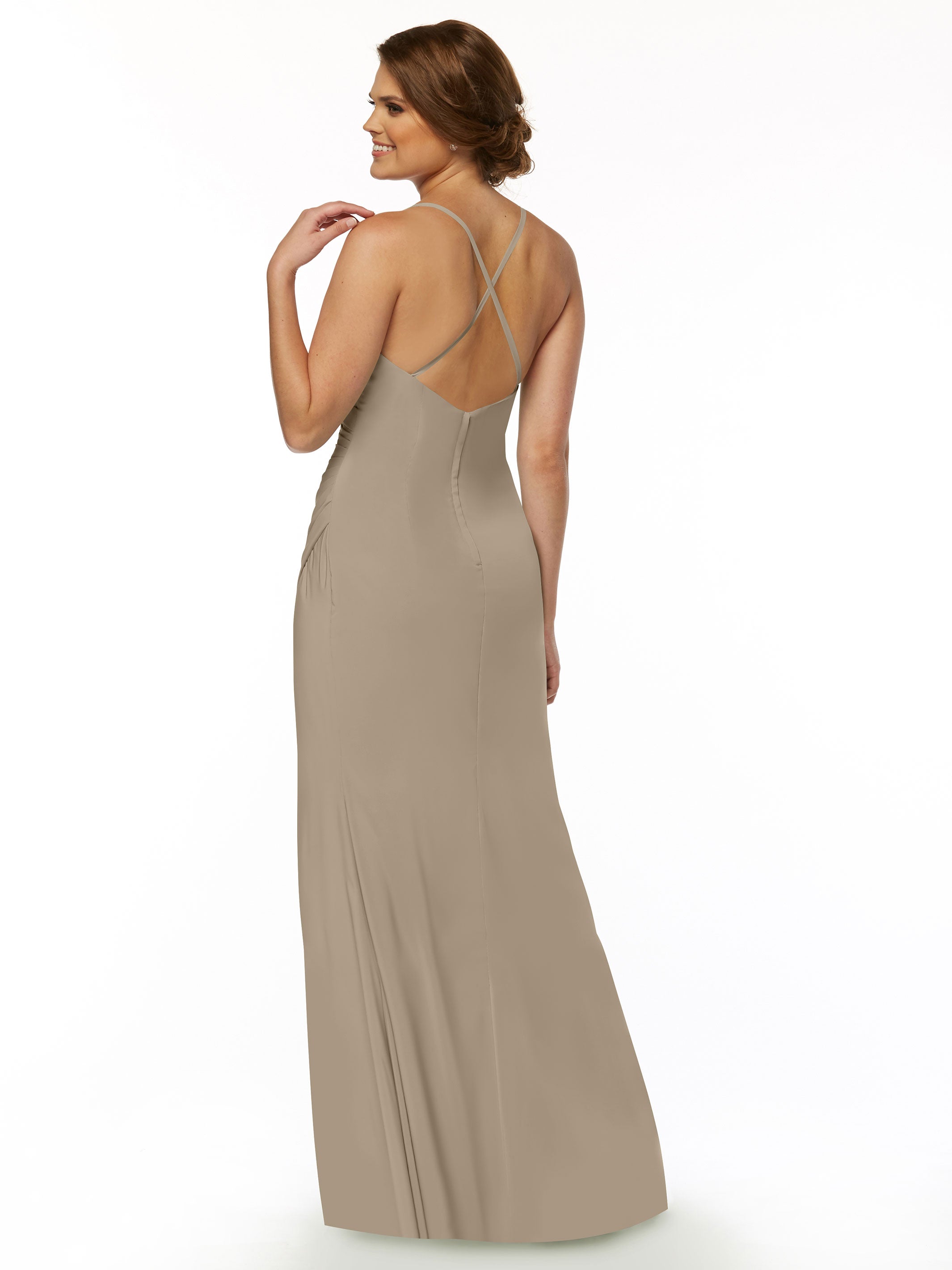 Elegant 80114 Stretch Chiffon Sheath Bridesmaid Dress with Ruching and High Slit - Perfect for Weddings, Formal Events & Evening Parties