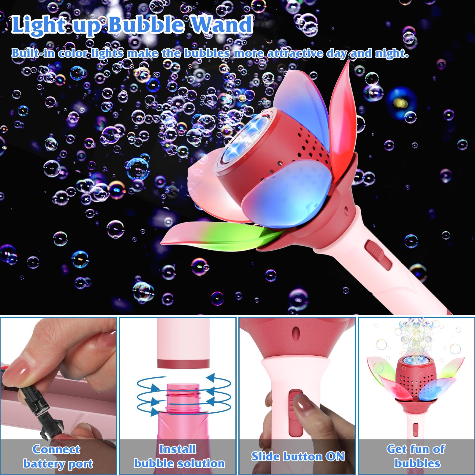 Rechargeable Electric Bubble Wand for Kids - Automatic Bubble Blower Machine with LED Lights, 120ml Bubble Solution (10,000+ Bubbles) | Perfect for Outdoor Parties, Weddings, Birthday Celebrations & Backyard Fun
