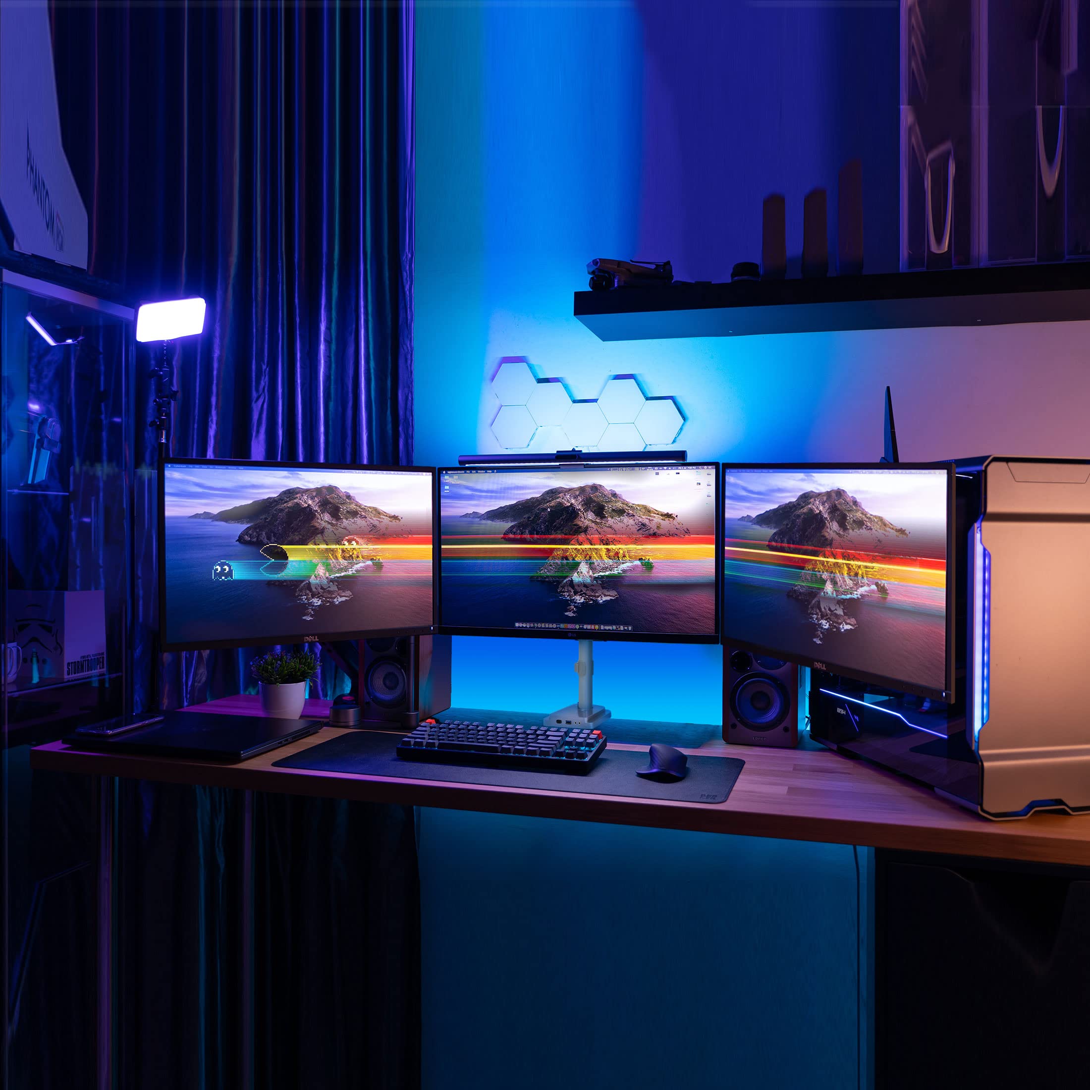 Mount-It! Triple Monitor Stand with USB & Audio Ports - Adjustable 3 Monitor Desk Mount for 24