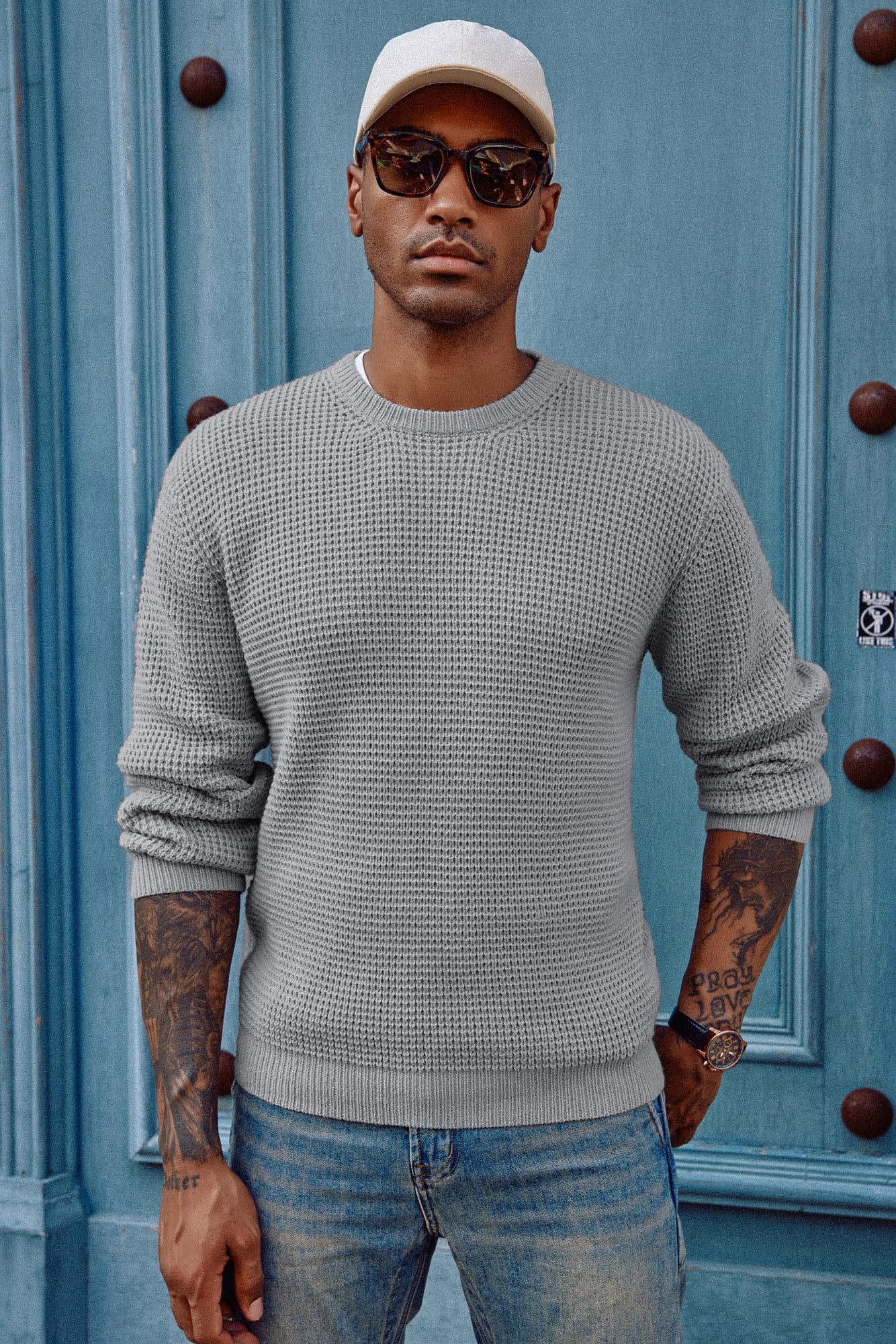 PJ PAUL JONES Men's Waffle Knit Crewneck Sweater - Long Sleeve Textured Pullover for Casual Wear, Office & Fall Outfits