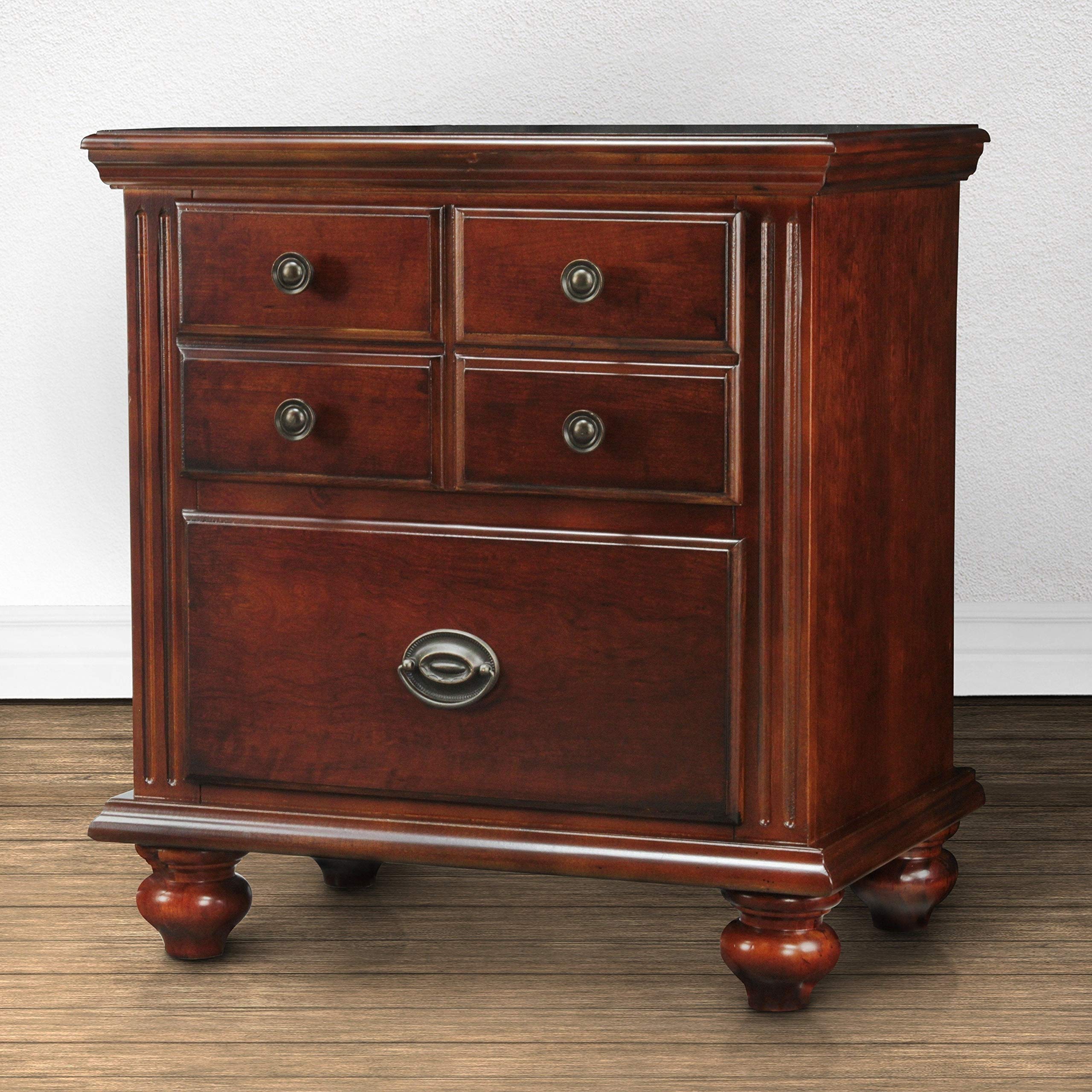 Cherry Wood 2-Drawer Nightstand - Brown Colonial Traditional Transitional Style with Metal Veneer & Felt Lined Top Drawer - Includes Hardware - Perfect for Bedroom, Guest Room or Nursery Storage