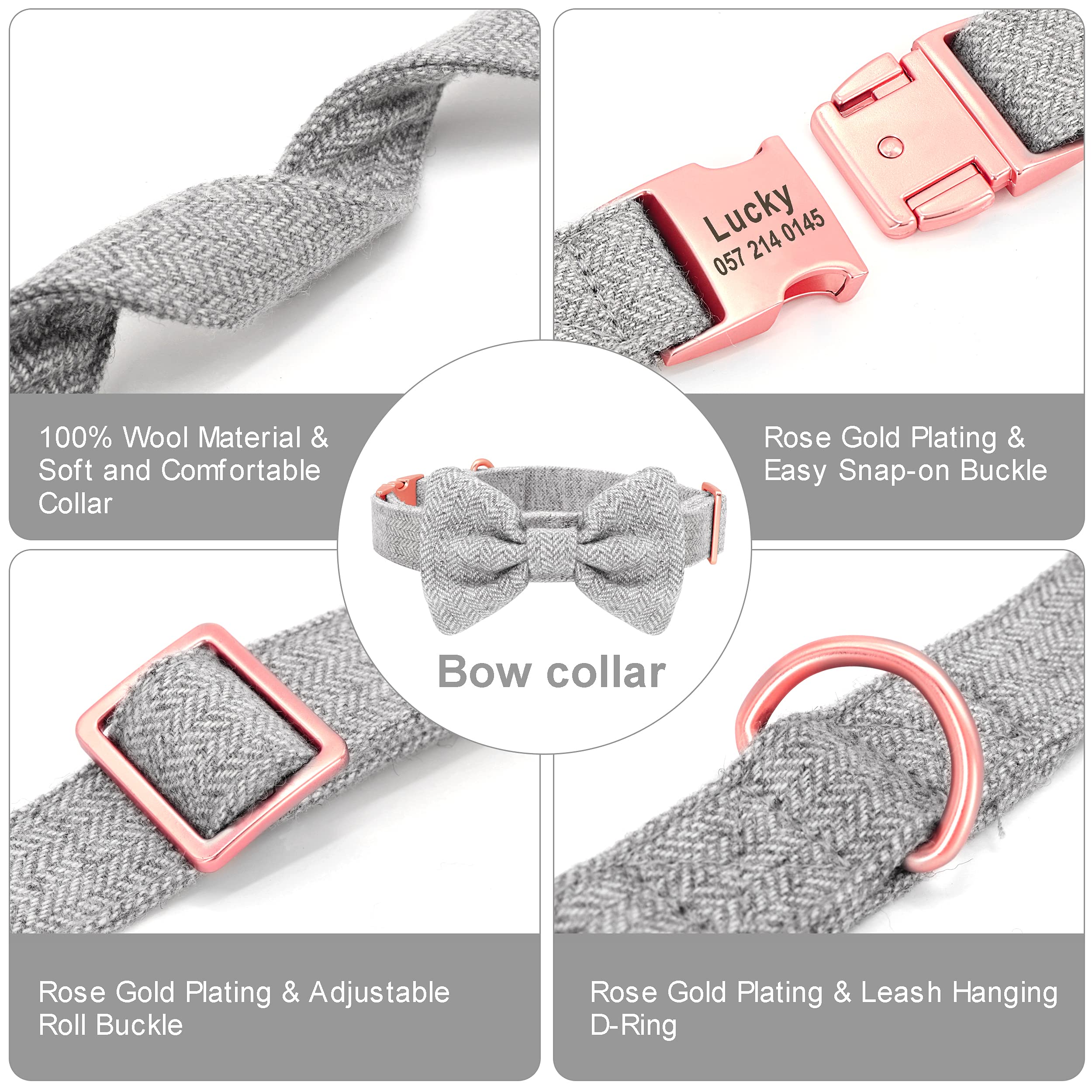 Personalized Pet Dog Collars with Detachable Bowtie - Soft & Comfortable Cute Dog Collar and Leash Set with Rose Gold Buckle - Adjustable Bowtie Collars for Small Medium Large Dogs, Gray - Perfect for Daily Walks, Pet Grooming & Special Occasions