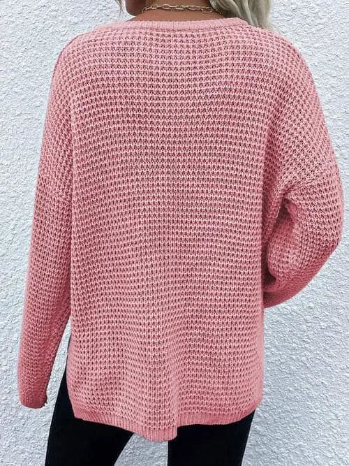 Notched Long Sleeve Sweater for Women - Cozy Knit Pullover with Ribbed Cuffs - Perfect for Fall & Winter Layering, Office Wear and Casual Outfits