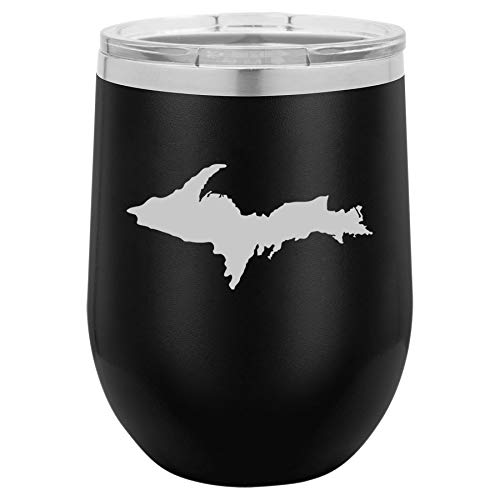 12 oz Double Wall Vacuum Insulated Stainless Steel Stemless Wine Tumbler - Leakproof Travel Mug for Coffee, Tea & Wine - Perfect for Camping, Office & Commuting (Black, Michigan Upper Peninsula Design)