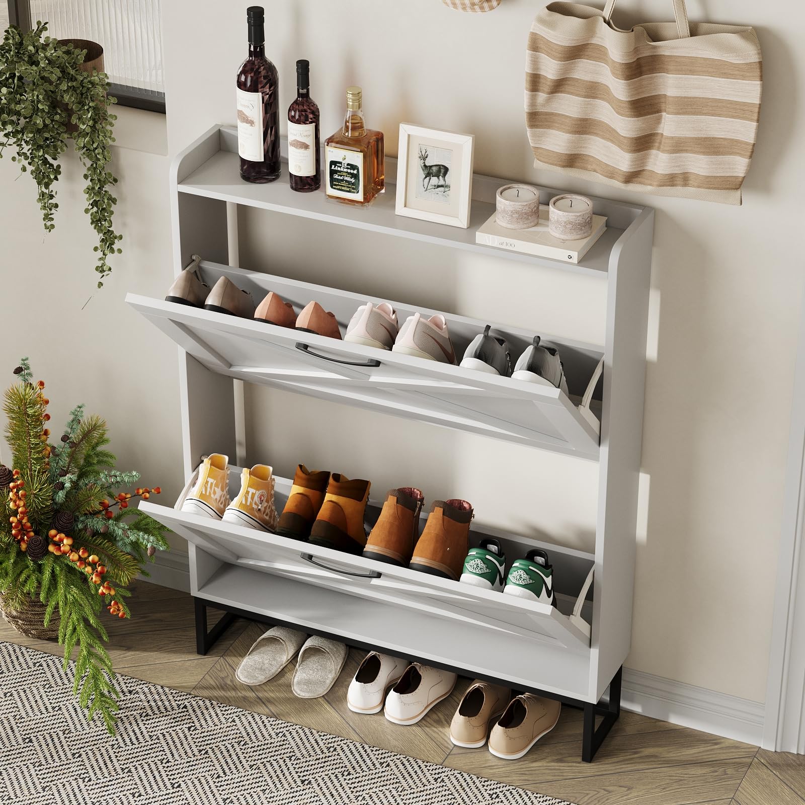 Maupvit Narrow Shoe Cabinet with 2 Flip Drawers - Slim Entryway Shoe Storage Organizer with Metal Legs, Farmhouse Style Free Standing Shoe Rack for Hallway, Living Room & Bedroom Closet Organization
