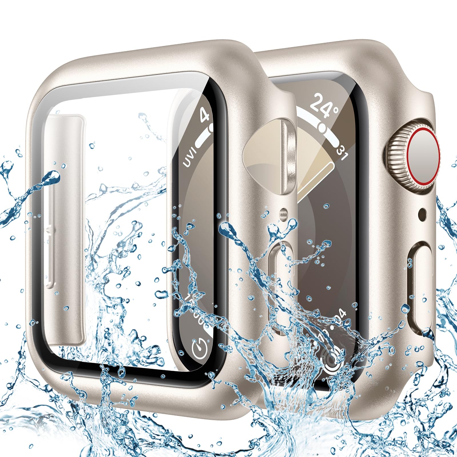 Waterproof Case for Apple Watch Series 9/8/7/6/5/4/SE (44mm 45mm 40mm 41mm) with Tempered Glass Screen Protector - Durable iWatch Protective Cover for Men & Women (Starlight) - Perfect for Swimming, Running & Outdoor Activities