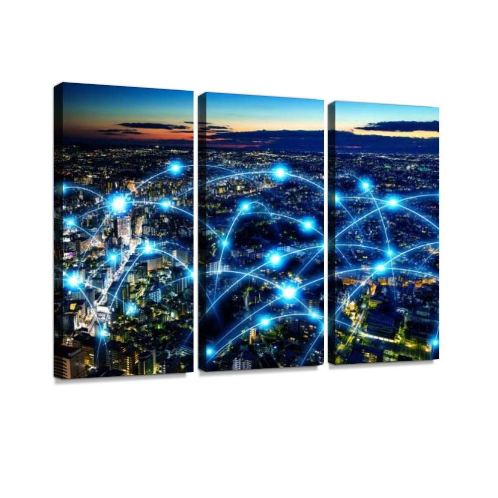 Smart City & Telecommunication Network Abstract Wall Art - Vintage Mixed Media Photography on Canvas - 3 Panel Framed Ready to Hang Home Decor for Living Room, Office & Modern Spaces