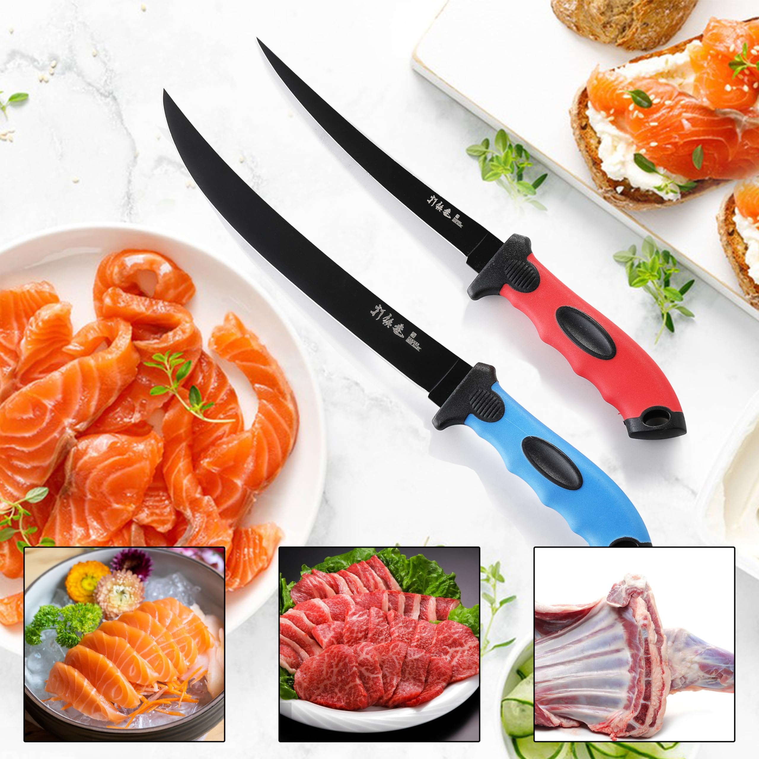 2PCS Professional Fillet Knife Set - 9 inch & 7 inch Stainless Steel Fish Fillet Knives for Meat Cutting, Trimming & Fishing | Sharp Boning Knives with Sheath Included | Perfect for Camping, Fishing Trips & Home Kitchen Use