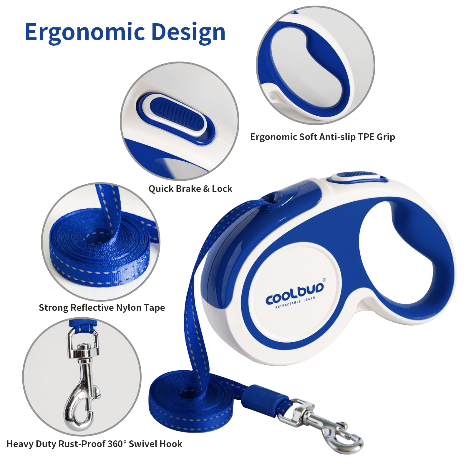 16FT Heavy Duty Retractable Dog Leash for Large Dogs up to 110lbs - Tangle-Free Nylon Tape with Reflective Stitching, Anti-Slip Handle & One-Hand Brake/Lock System (Blue, Large) - Perfect for Night Walks, Jogging & Outdoor Adventures with Your Pet