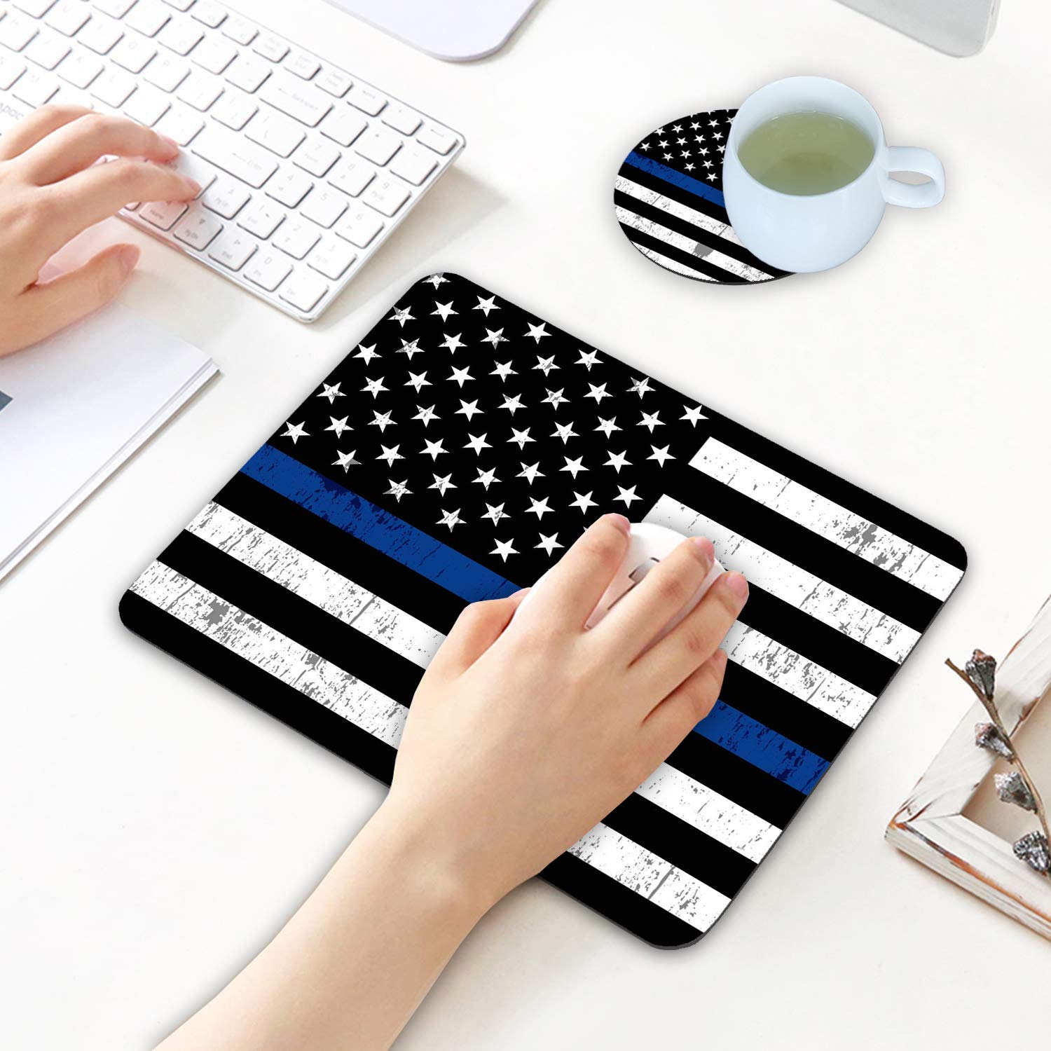Thin Blue Line American Flag Mouse Pad & Coasters Set - Non-Slip Rubber Base Rectangle Mouse Pad for Laptop, Computer & Office Use - Perfect for Police Supporters, Patriotic Gifts & Home Office Accessories