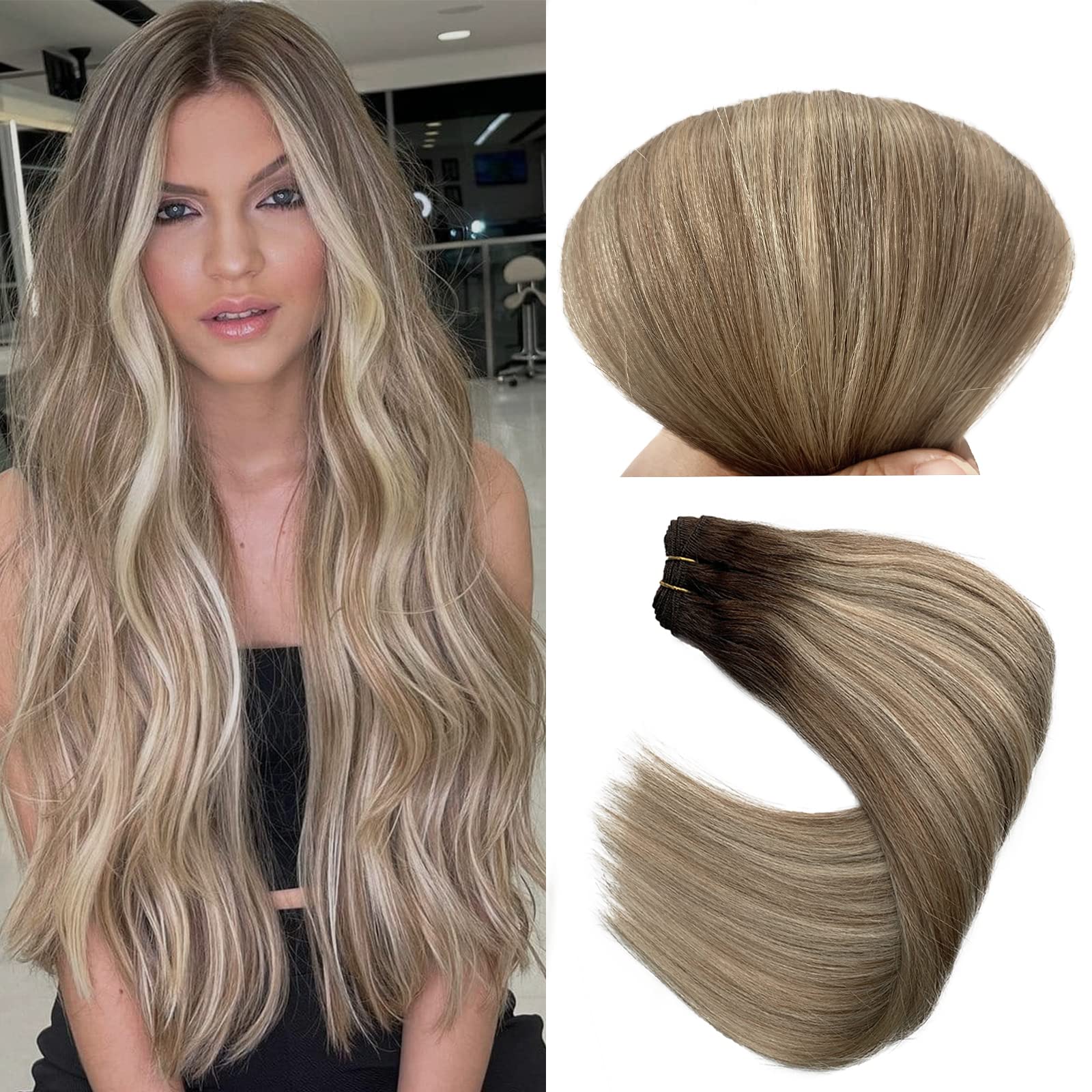 22 Inch Ombre Highlight Human Hair Extensions - 120g Double Weft Sew-in Weave Bundles (Ash Brown to Light Blonde Balayage) for Natural Volume & Styling | Perfect for Parties, Weddings & Daily Wear