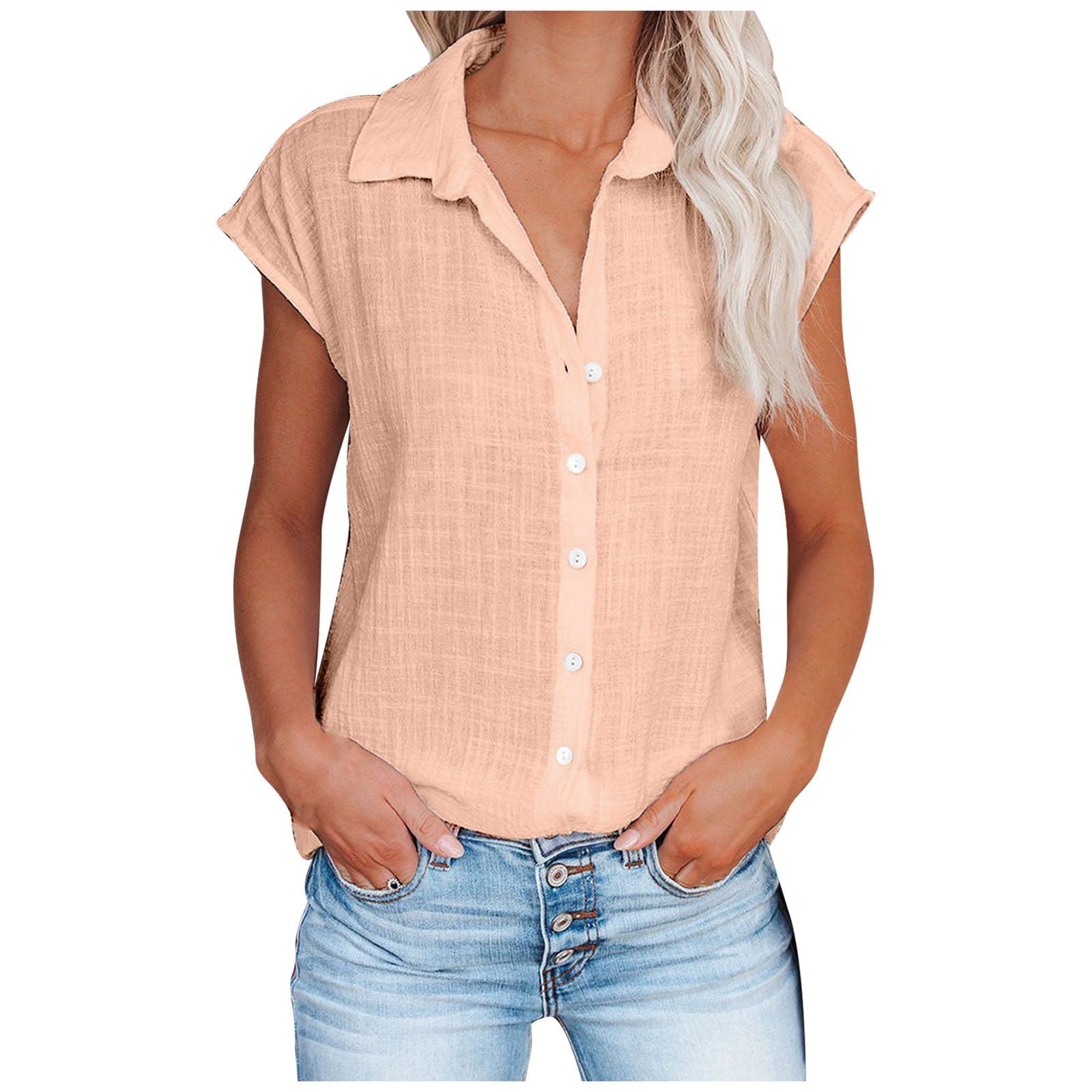 Plus Size Women's Button Down Tops - Lapel V Neck Linen Blouses with Cap Sleeves | Slim Fit Casual T-Shirts for Work & Everyday Wear