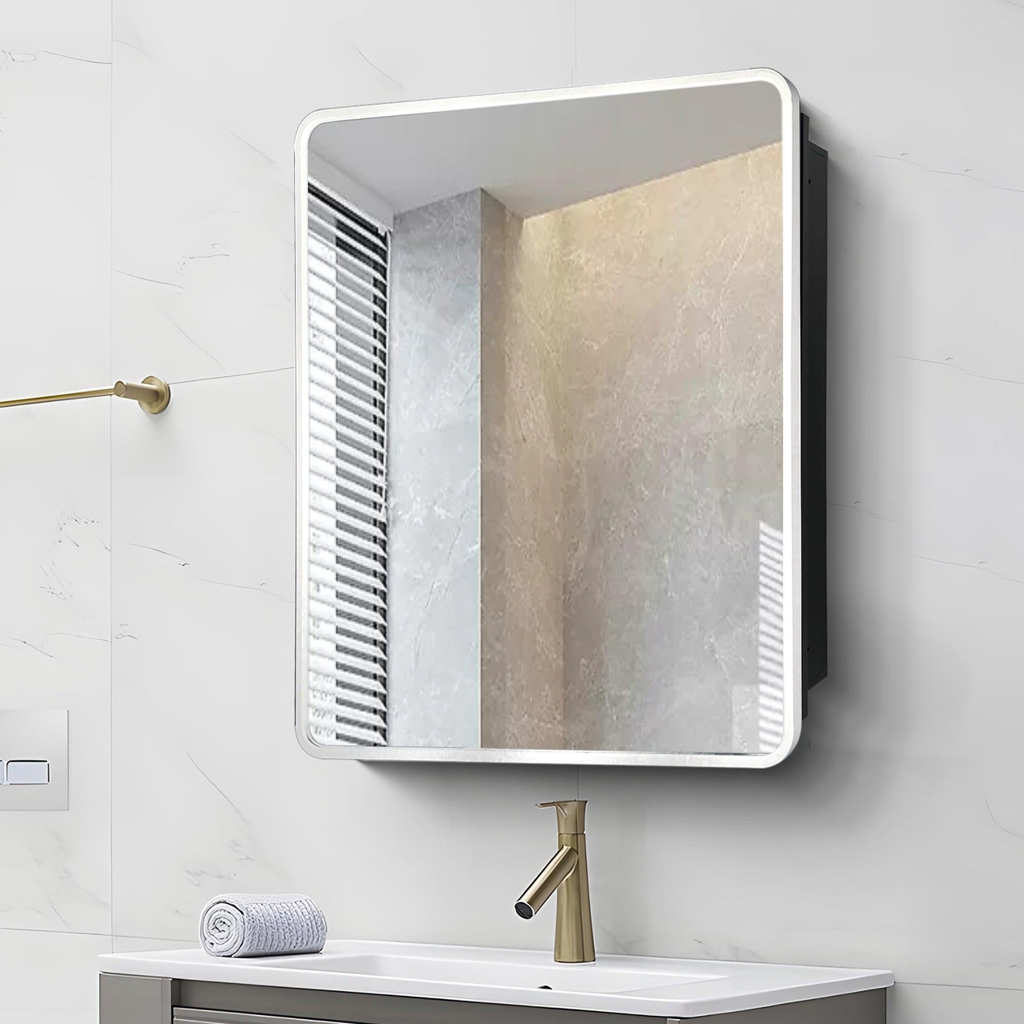 20 x 28 Inch Silver Metal Framed Wall Mount/Recessed Bathroom Medicine Cabinet with Mirror - Perfect for Small Bathrooms, Vanity Storage & Modern Home Decor