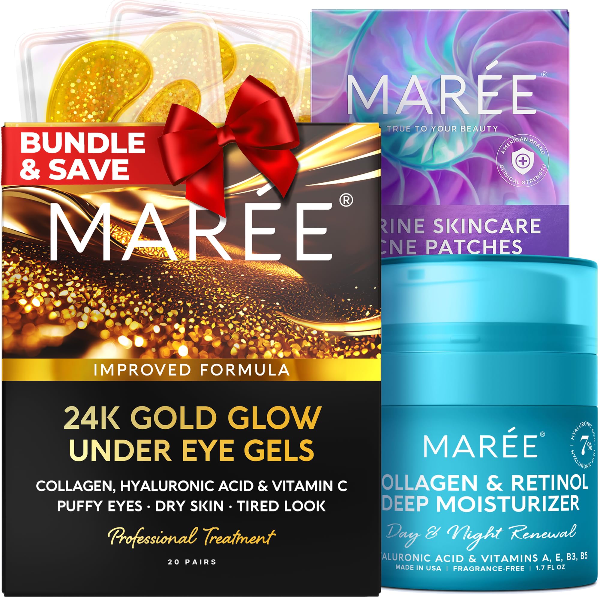 MAREE Skincare Bundle - 24K Gold Under Eye Patches, Hydrating Face Moisturizer & Acne Clearing Devices with Collagen, Hyaluronic Acid, Retinol - Green Algae & Tea Tree Oil for All Skin Types - Perfect for Dark Circles, Dry Skin & Blemish Control - Morning & Night Routine Essentials
