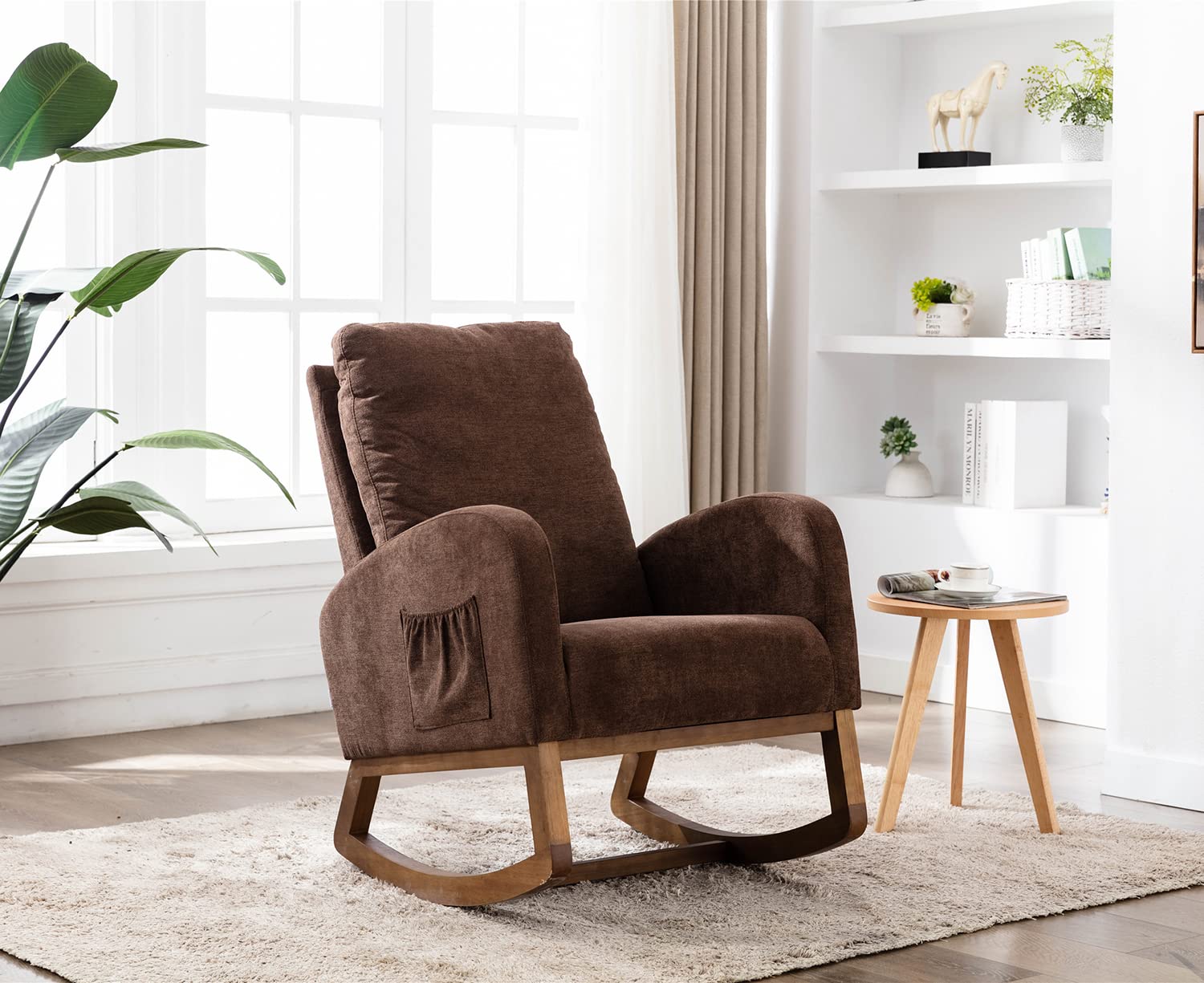 Antetek Modern Upholstered Rocking Chair - Nursery Glider Rocker for Baby & Kids, Comfortable High Back Armchair with Side Pocket - Perfect for Living Room, Nursery, or Bedroom (Coffee)