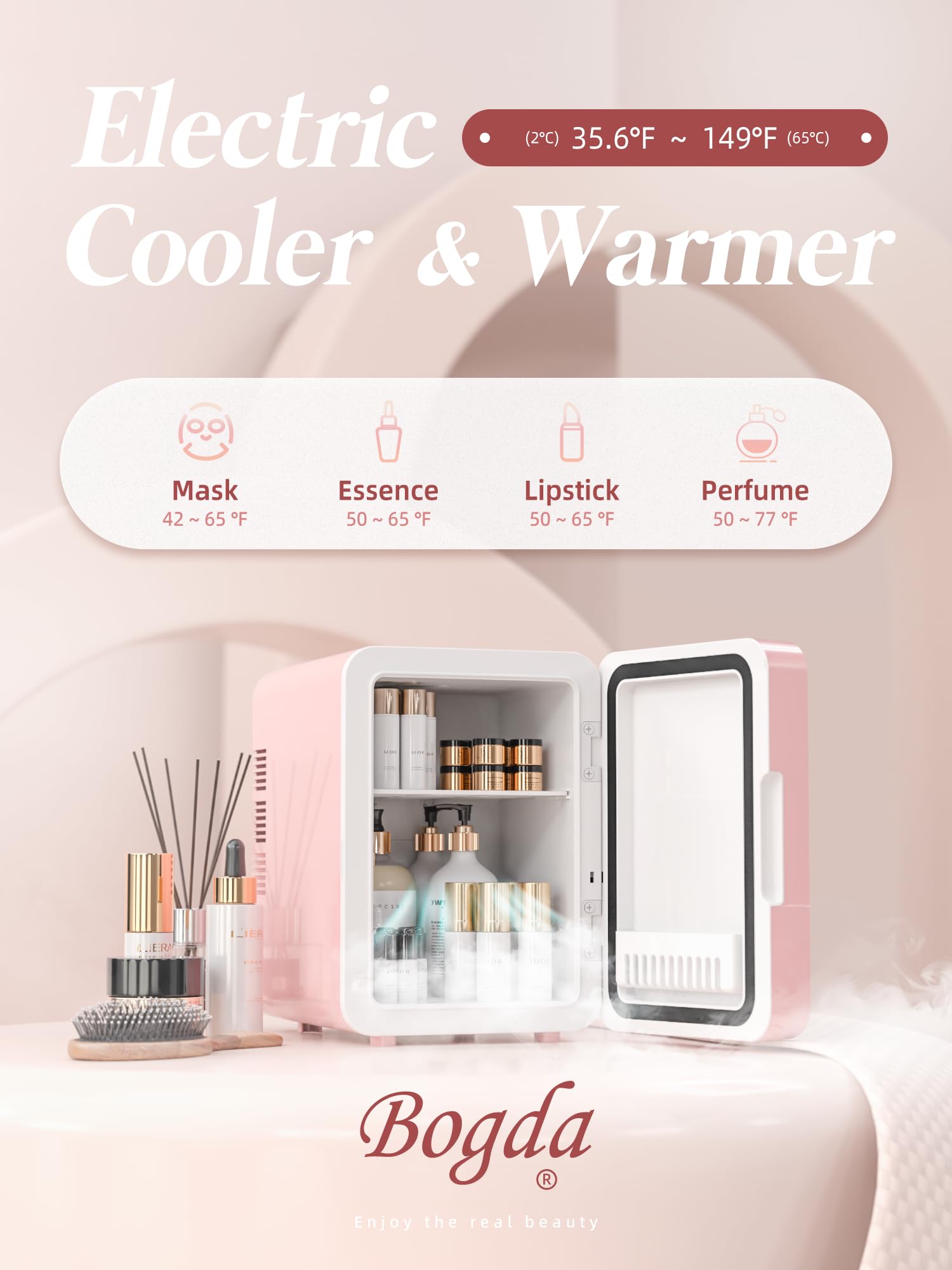 BOGDA 4L Mini Skincare Fridge with LED Light Mirror - Portable Cosmetic Cooler & Warmer for Makeup, Skincare, Food - Perfect for Bedroom, Office, Car (Pink) | Keep Beauty Products Fresh & Drinks Chilled Anywhere