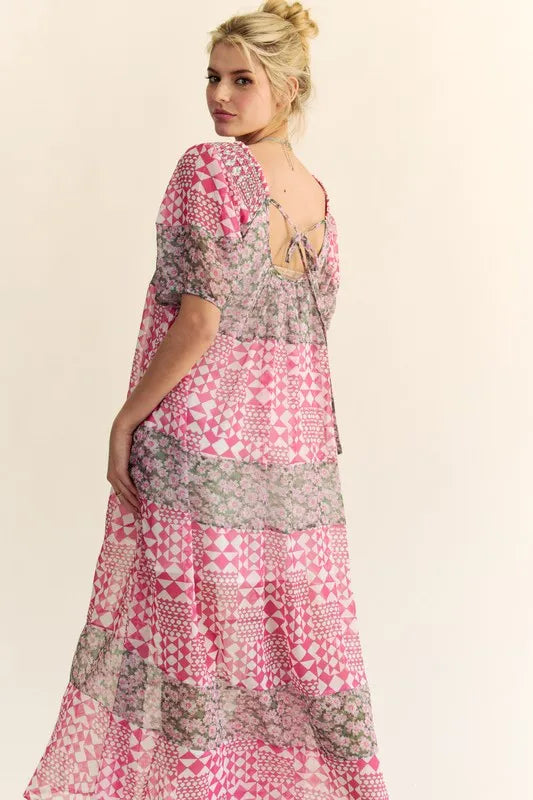 Floral Square Neck Puff Sleeve Maxi Dress for Women - Summer Boho Beach Wedding Guest Dress